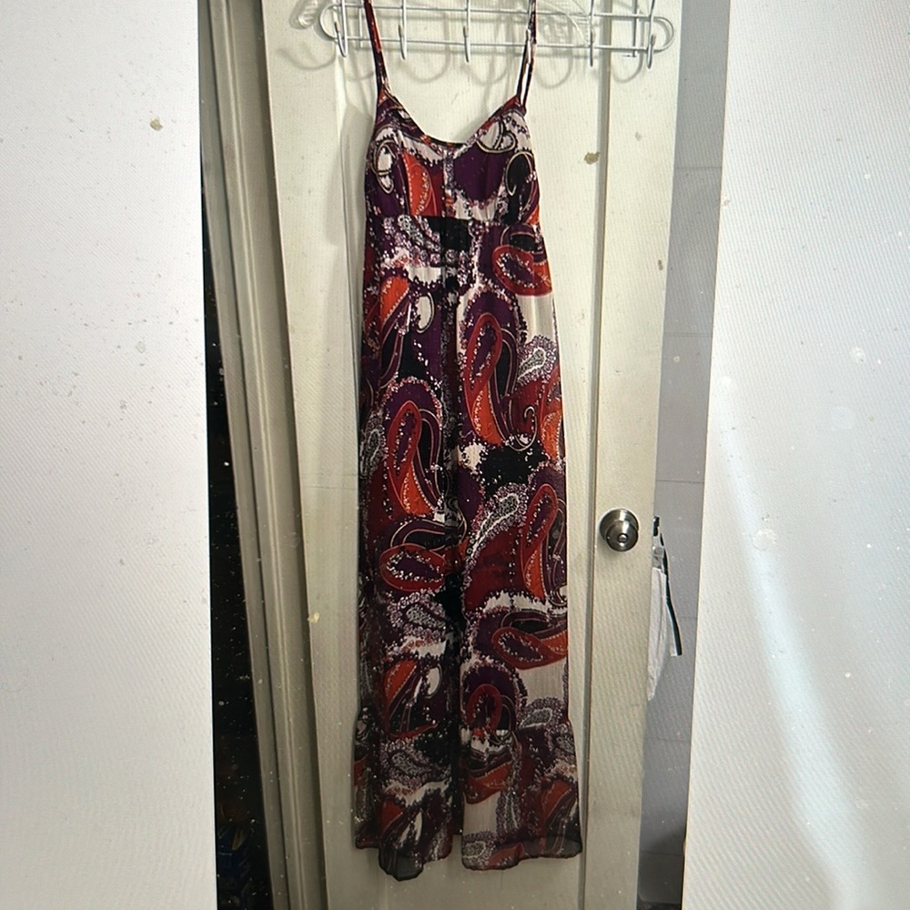 Summer maxi long dress in vivid purple orange paisley pattern/ spaghetti straps